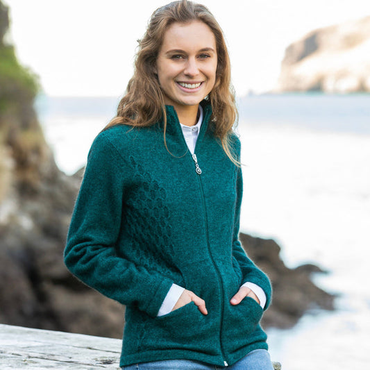 Woman wearing Noble Wilde - Merino & Possum Honeycomb Jacket (NW3149) in the colour Paua.