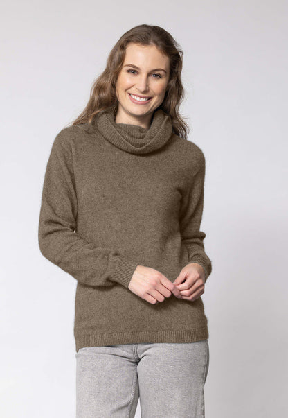 Woman wearing Noble Wilde - Merino & Possum Polo Neck Jersey (NW3172) in the colour Latte
