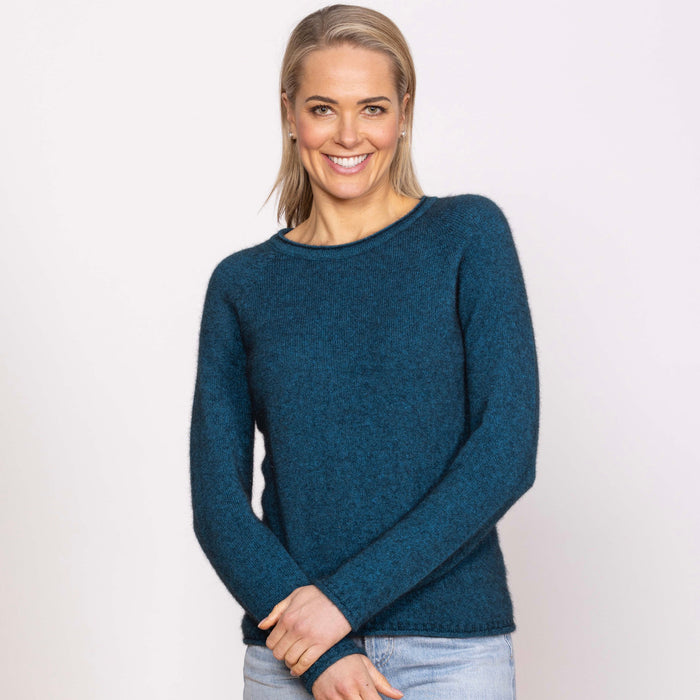 Woman wearing Noble Wilde - Merino and Possum Rutland Raglan Crew (NW3228) in the colour Tui.