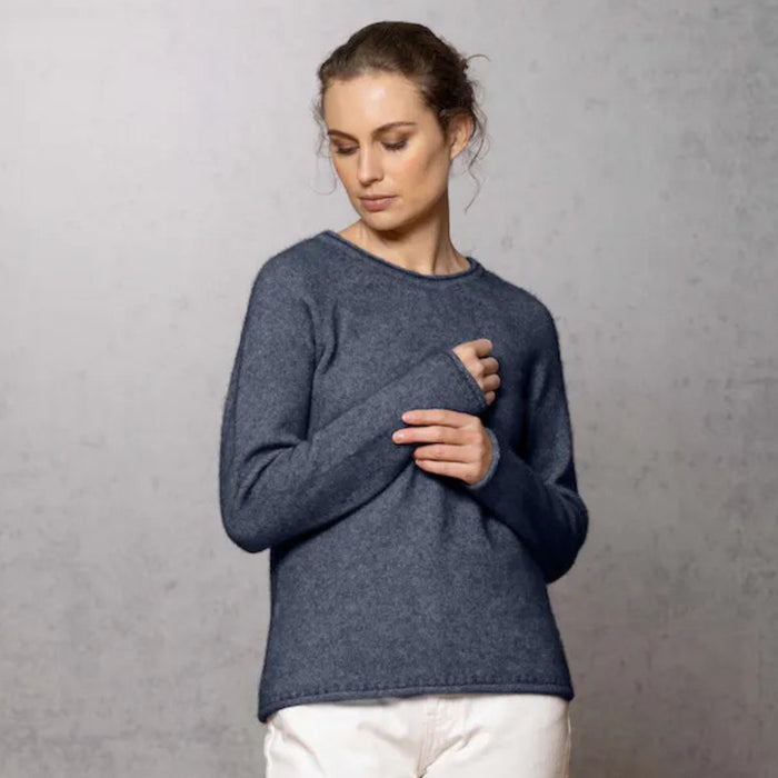 Woman wearing Noble Wilde - Merino and Possum Rutland Raglan Crew (NW3228) in the colour Neptune.