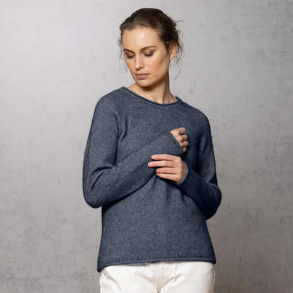 Woman wearing Noble Wilde - Merino and Possum Rutland Raglan Crew (NW3228) in the colour Neptune.