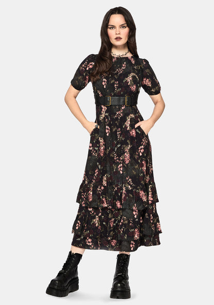 Noctua Owl Foxglove Printed Tiered Midaxi Dress