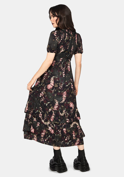 Noctua Owl Foxglove Printed Tiered Midaxi Dress