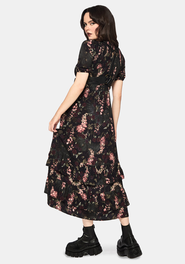 Noctua Owl Foxglove Printed Tiered Midaxi Dress
