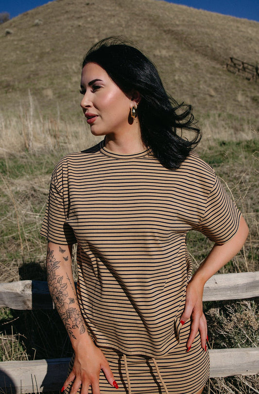 oversized striped tee, cotton blend t-shirt, relaxed fit top, women's casual summer tee, model off duty style, striped loungewear, travel outfit essential, Sand and Charcoal clothing.