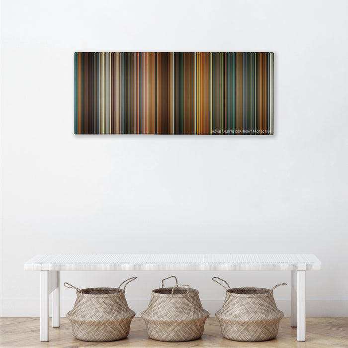 Ocean's Eleven color palette canvas above a white bench with three woven baskets