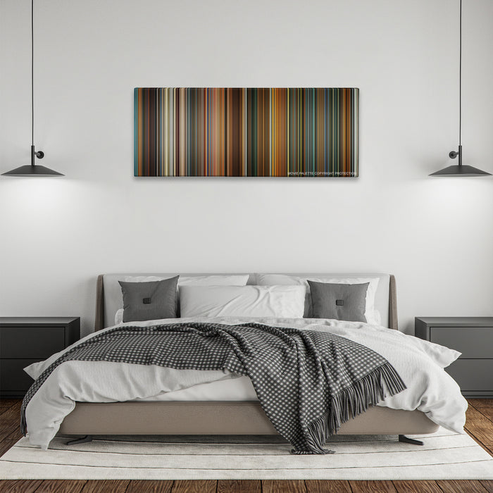Ocean's Eleven color palette canvas above a bed, between two black pendant lamps