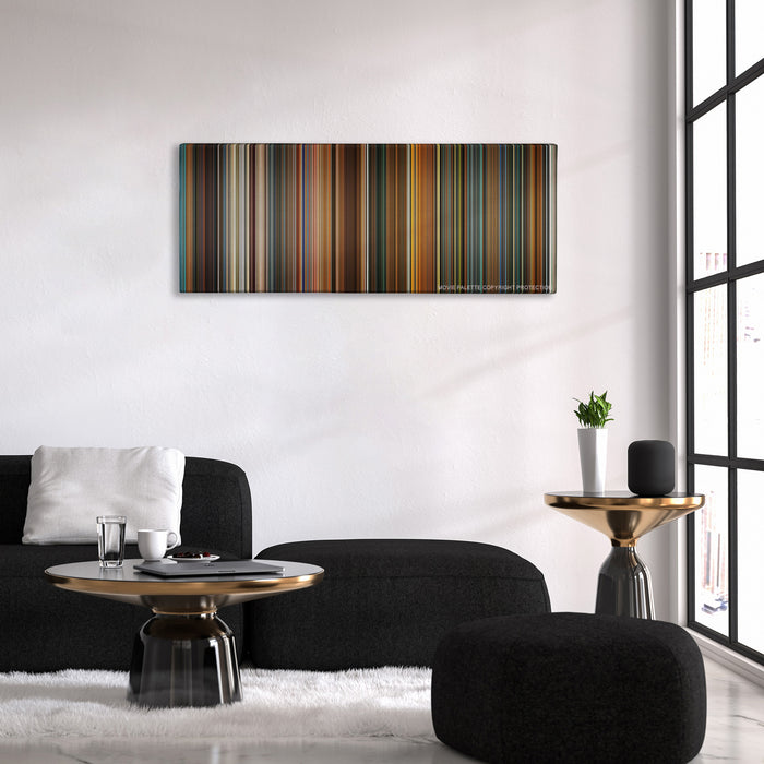 Ocean's Eleven color palette canvas above a black sofa with a gold-topped table