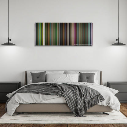Oldboy color palette canvas above a bed, between two black pendant lamps