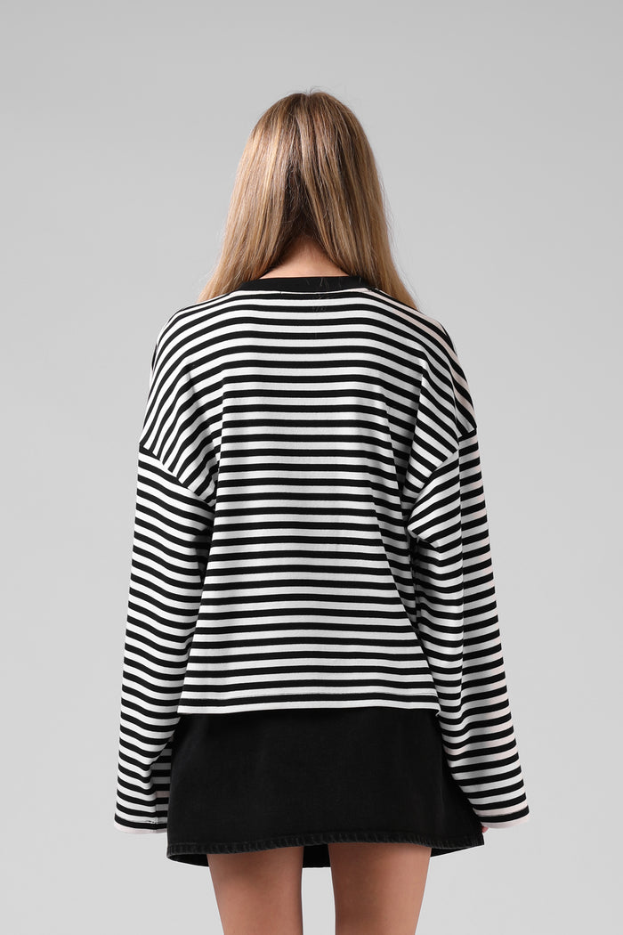 Olive LS Tee - BW Stripe