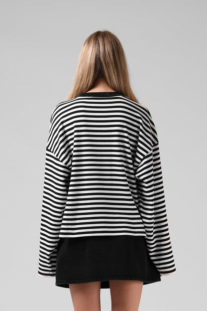 Olive LS Tee - BW Stripe