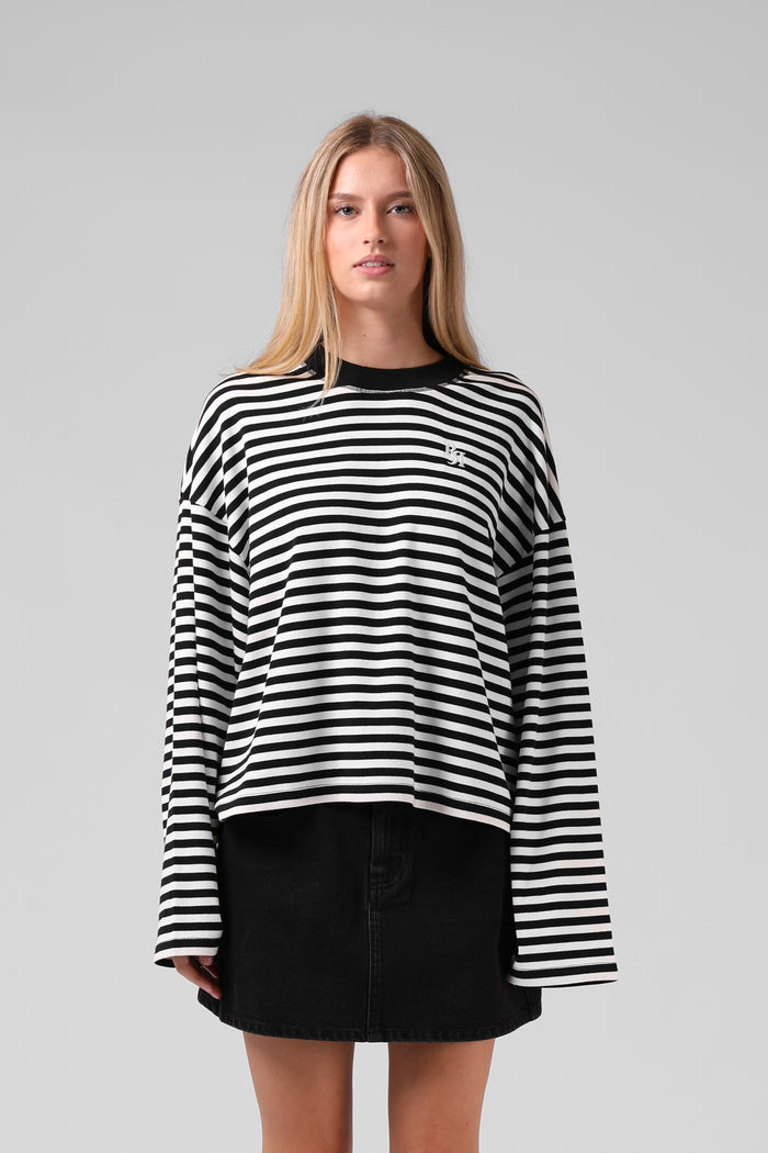 Olive LS Tee - BW Stripe