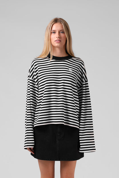 Olive LS Tee - BW Stripe