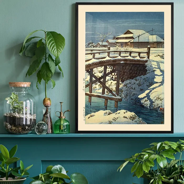 Ono in Mito Print by Hasui Kawase, Japanese woodblock print black framed on a living room shelf