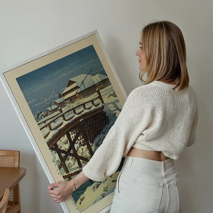 Ono in Mito Print by Hasui Kawase held up against a living room wall