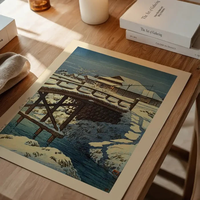 Ono in Mito Print by Hasui Kawase, Japanese woodblock print unframed on a home office desk