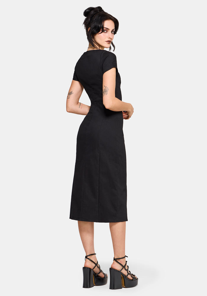 Opaline Asymmetric Neck Slash Short Sleeve Midi Dress