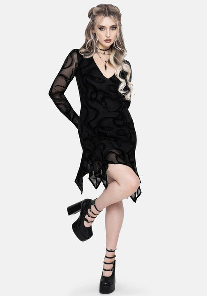 Paleo Flocked Mesh Skeletal Snake Asymmetric Hanky Hem Mini Dress