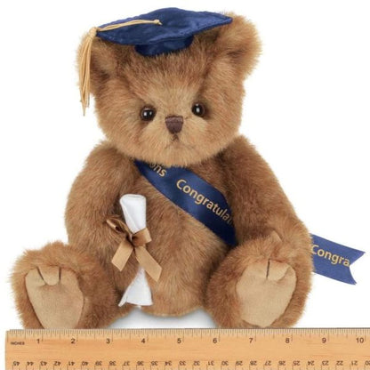 Plush Stuffed Graduation Teddy Bear Smarty in Blue Cap Measuring Horizontally