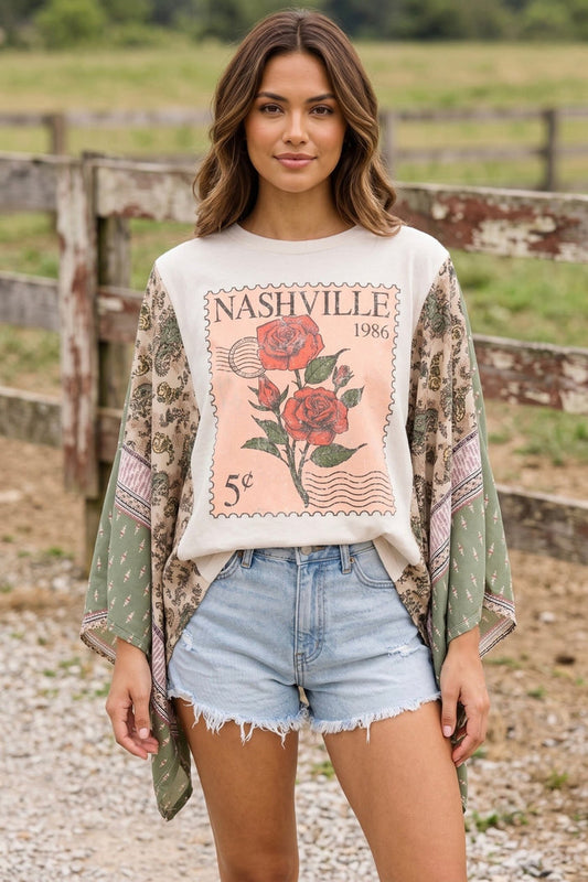 Cream Nashville vintage graphic kaftan top featuring a postage stamp rose graphic with flowy green damask contrast sleeves and a relaxed oversized fit.