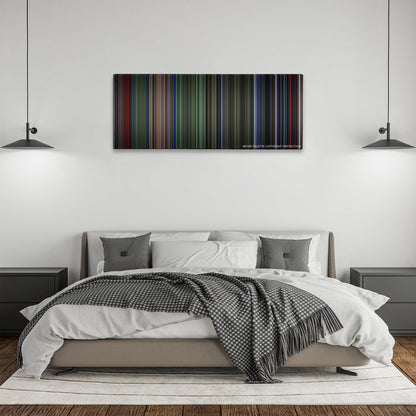 Predator color palette canvas above a bed, between two black pendant lamps