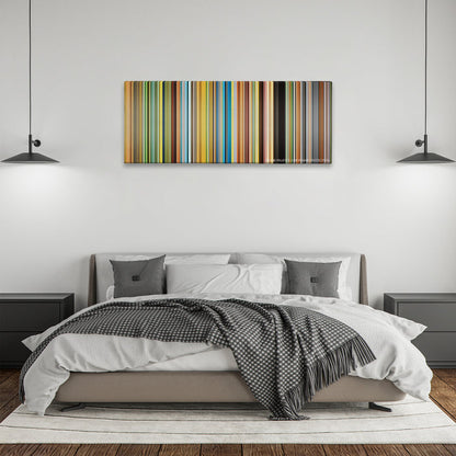 Primer color palette canvas above a bed, between two black pendant lamps