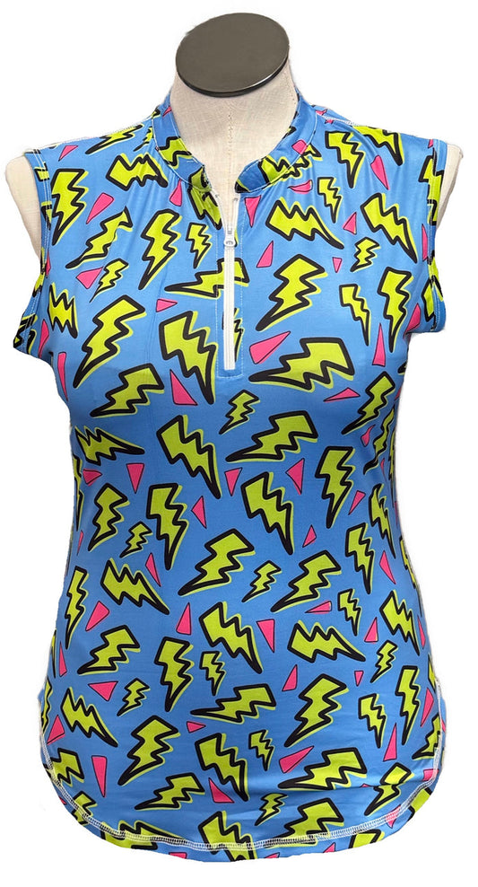 Proud 90 Blue & Yellow Lightning Bolt Patterned Women's Sleeveless Golf Top Size L