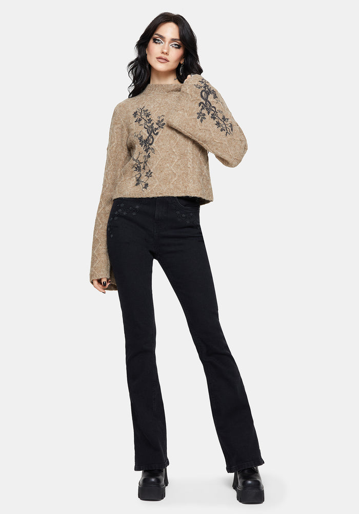 Ravelle Cotton Floral Printed Flare Cable Knit Jumper