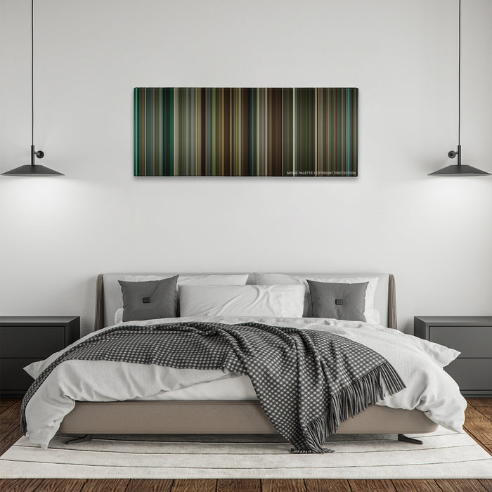 Remember Me color palette canvas above a bed, between two black pendant lamps