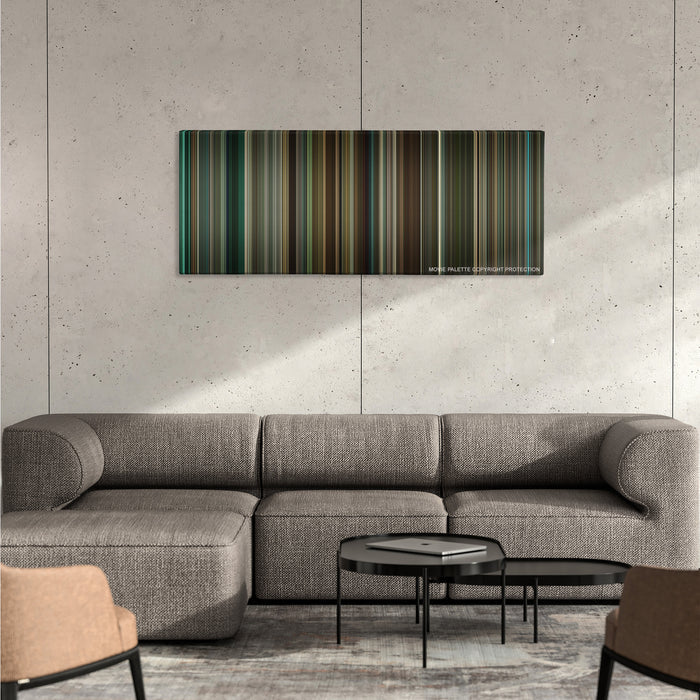 Remember Me color palette canvas on a concrete wall above a gray sectional sofa