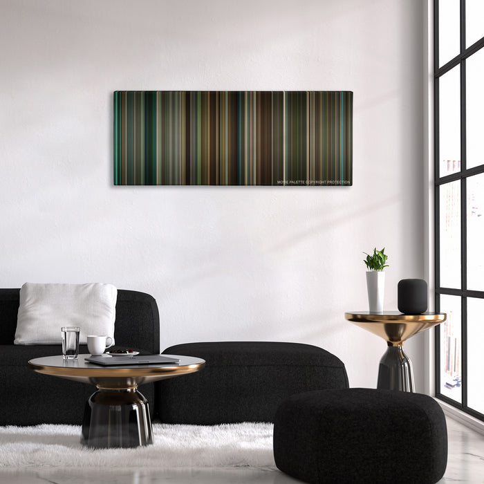 Remember Me color palette canvas above a black sofa with a gold-topped table
