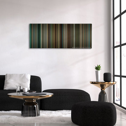 Remember Me color palette canvas above a black sofa with a gold-topped table