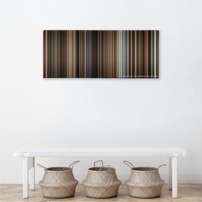 Rocketman color palette canvas above a white bench with three woven baskets