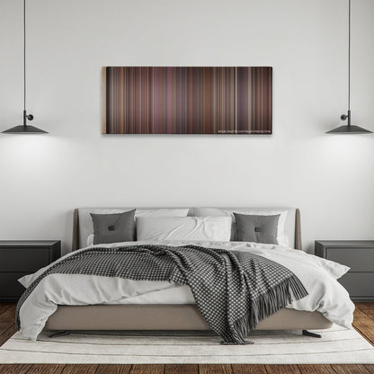 Rope color palette canvas above a bed, between two black pendant lamps
