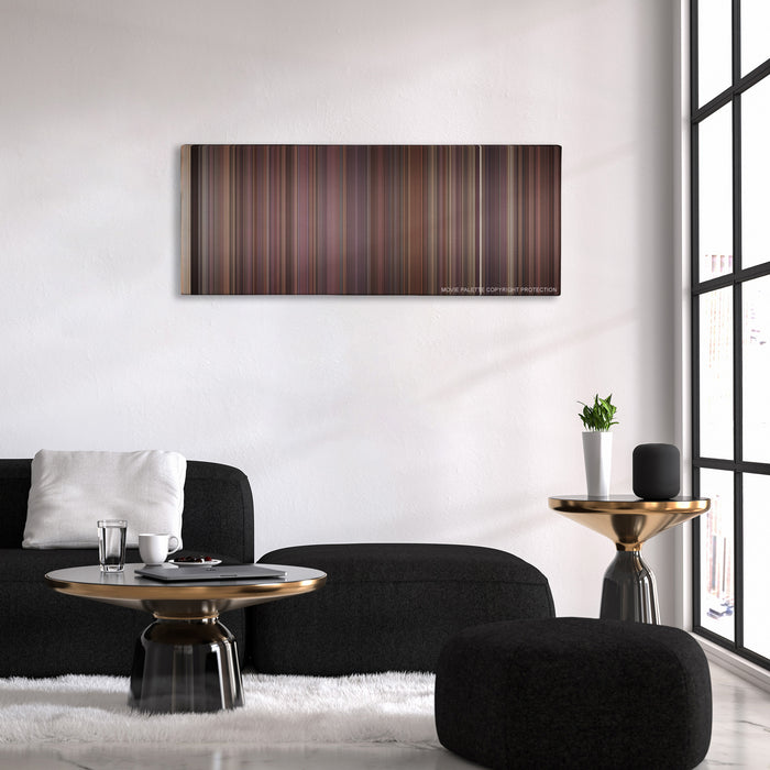 Rope color palette canvas above a black sofa with a gold-topped table