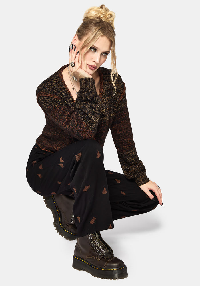 Ruin Fern Brown Embroidery Wide Leg Trouser