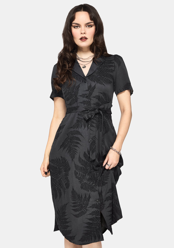 Ruin Fern Printed Button Up Midi Shirt Dress - Grey