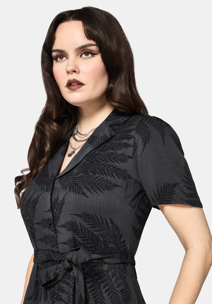 Ruin Fern Printed Button Up Midi Shirt Dress - Grey