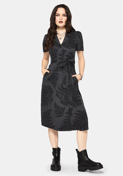 Ruin Fern Printed Button Up Midi Shirt Dress - Grey