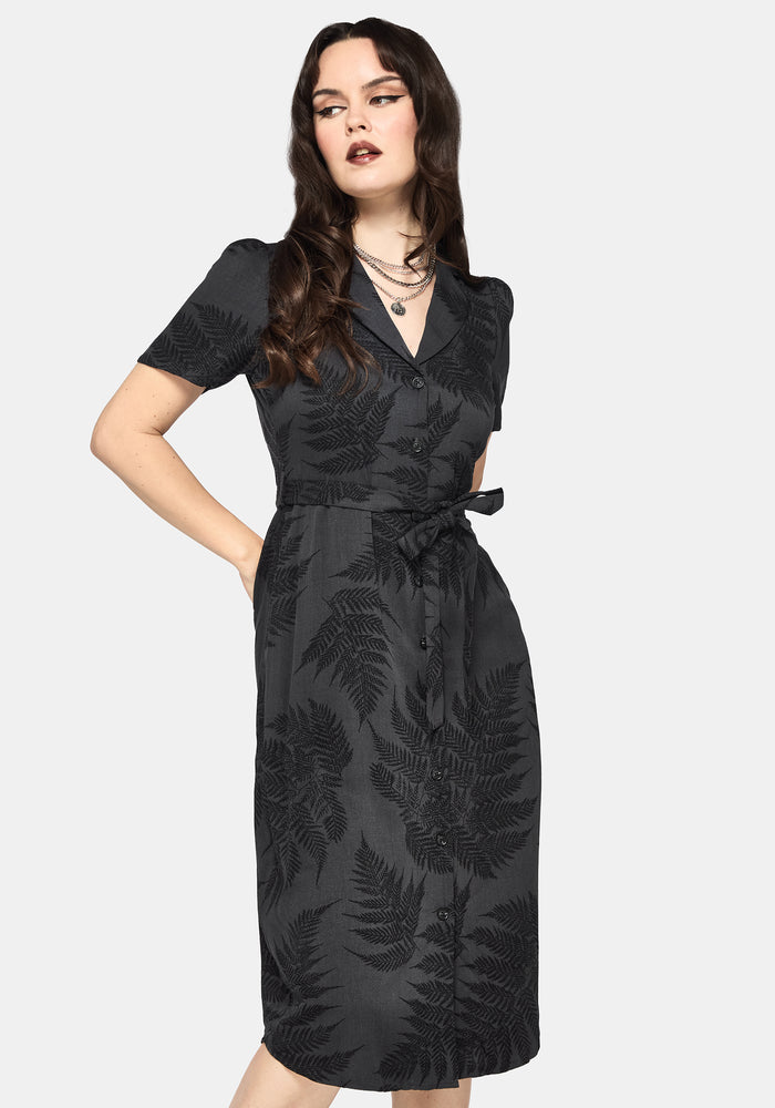 Ruin Fern Printed Button Up Midi Shirt Dress - Grey