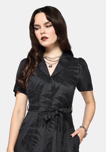 Ruin Fern Printed Button Up Midi Shirt Dress - Grey