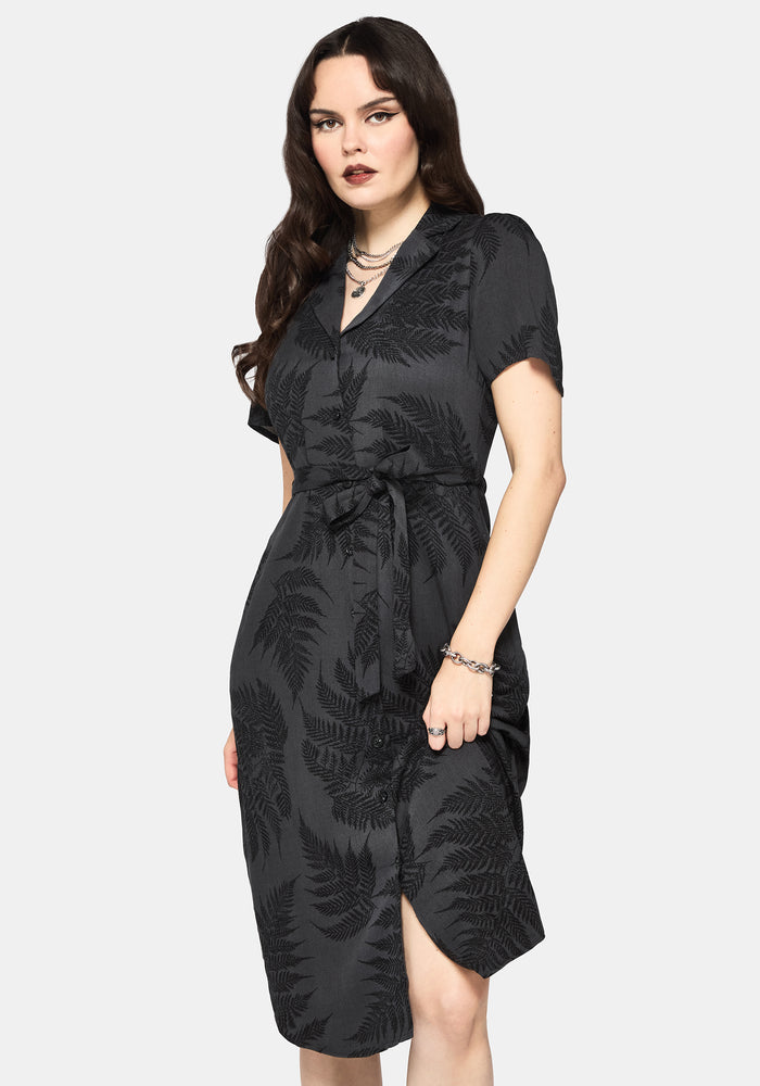 Ruin Fern Printed Button Up Midi Shirt Dress - Grey
