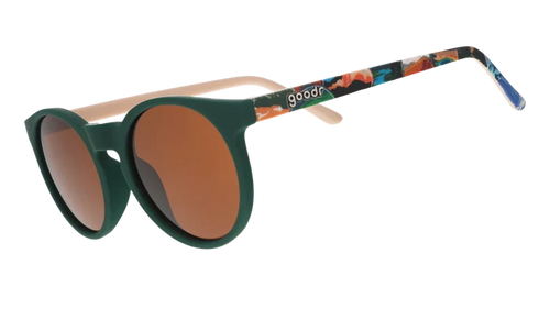 Goodr Scenic Route Trailblazer sunglasses with green round frames, brown lenses, and multicolor arms