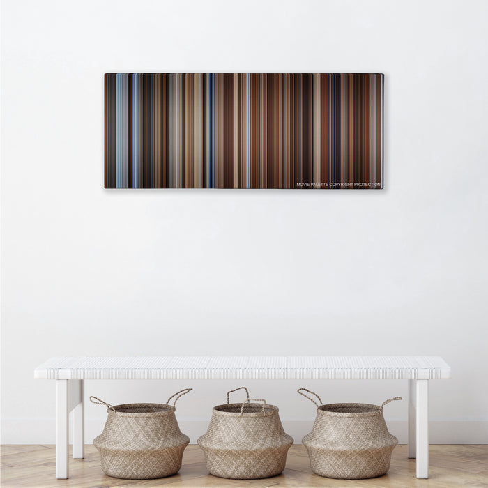 Seven Years in Tibet color palette canvas above a white bench with three woven baskets