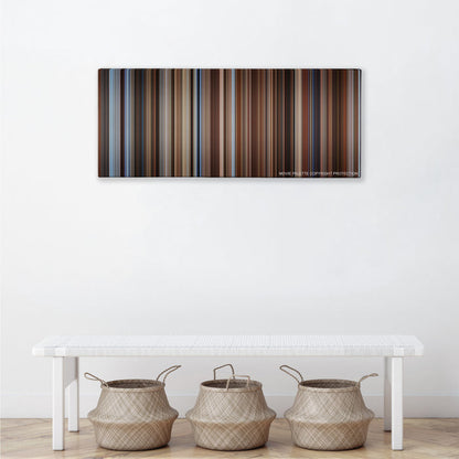 Seven Years in Tibet color palette canvas above a white bench with three woven baskets