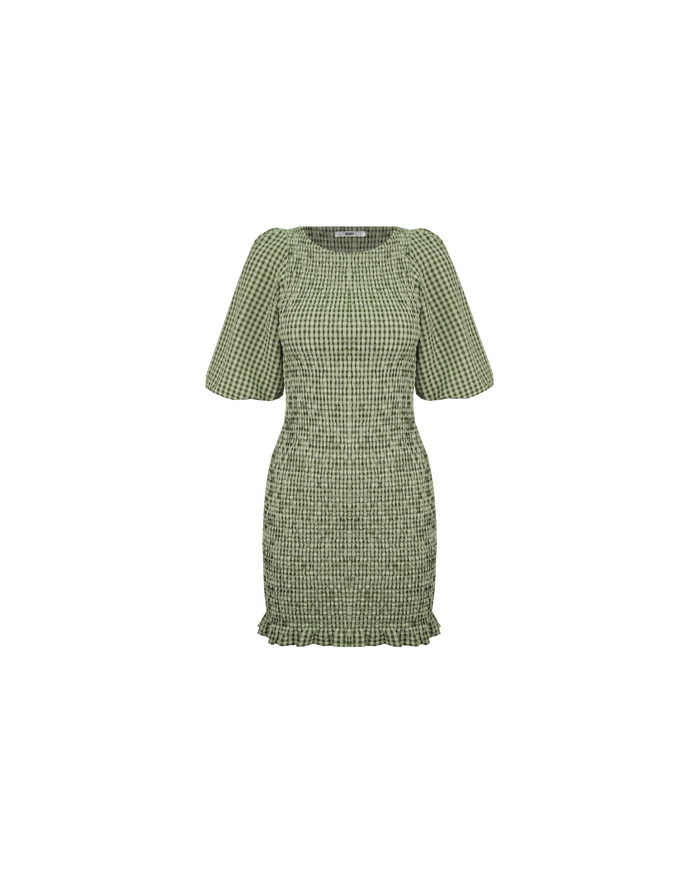 SKY SHIRRED DRESS FOREST GINGHAM