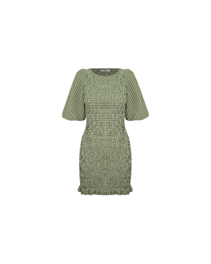 SKY SHIRRED DRESS FOREST GINGHAM