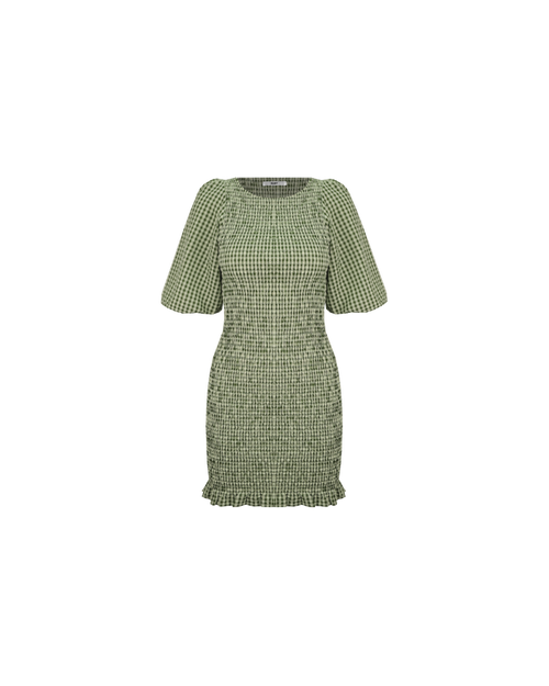 SKY SHIRRED DRESS FOREST GINGHAM