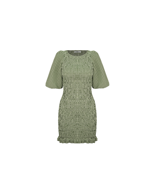 SKY SHIRRED DRESS FOREST GINGHAM