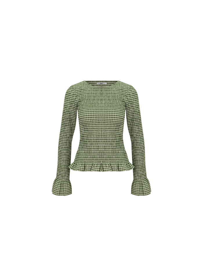 SKY SHIRRED LONG SLEEVE FOREST GINGHAM